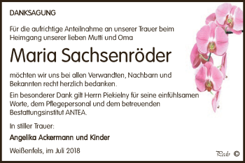 Traueranzeige von Maria Sachsenröder von WVG - Wochenspiegel NMB / WSF / ZTZ