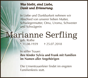 Traueranzeige von Marianne Serfling von WVG - Wochenspiegel NMB / WSF / ZTZ
