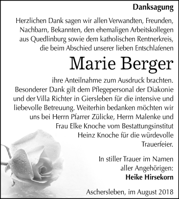 Traueranzeige von Marie Berger von Mitteldeutsche Zeitung Aschersleben