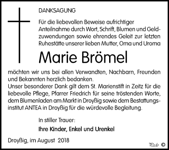Traueranzeige von Marie Brömel von Mitteldeutsche Zeitung Zeitz