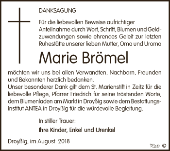 Traueranzeige von Marie Brömel von Super Sonntag Zeitz