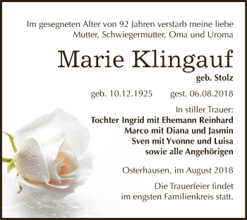 Traueranzeige von Marie Klingauf von Wochenspiegel Mansfelder Land