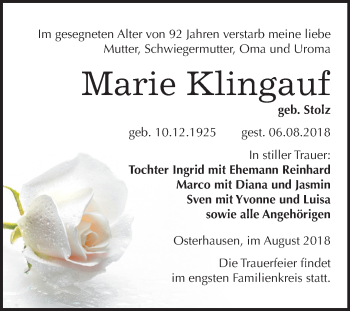 Traueranzeige von Marie Klingauf von Mitteldeutsche Zeitung