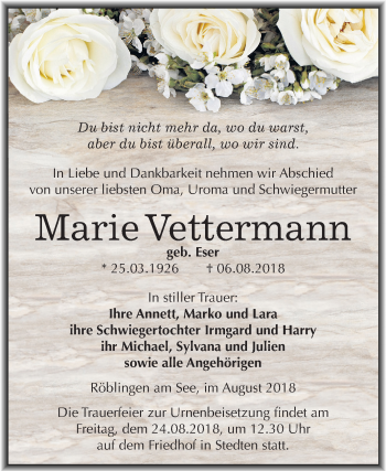 Traueranzeige von Marie Vettermann von Mitteldeutsche Zeitung
