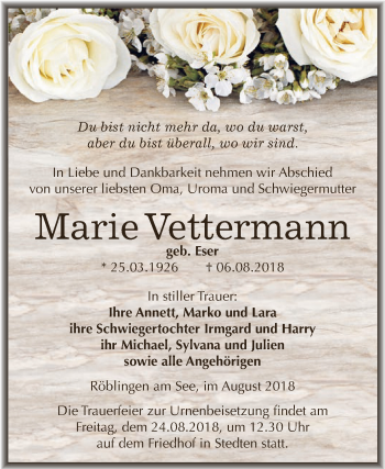 Traueranzeige von Marie Vettermann von Wochenspiegel Mansfelder Land
