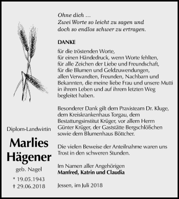 Traueranzeige von Marlies Hägener von Mitteldeutsche Zeitung