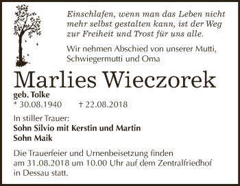 Traueranzeige von Marlies Wieczorek von WVG - Wochenspiegel Dessau / Köthen