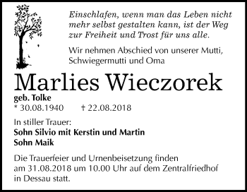 Traueranzeige von Marlies Wieczorek von Mitteldeutsche Zeitung
