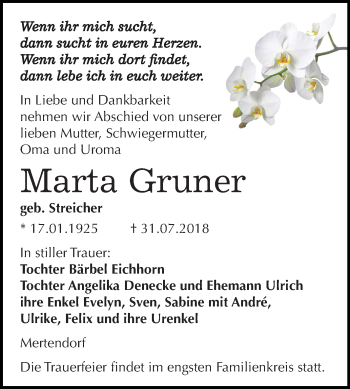 Traueranzeige von Marta Gruner von Mitteldeutsche Zeitung