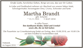 Traueranzeige von Martha Brandt von Super Sonntag SGH Mansf. Land