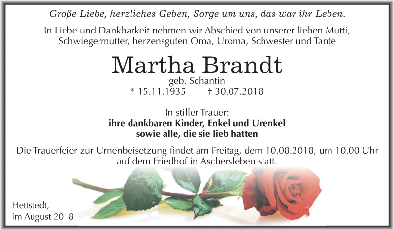  Traueranzeige für Martha Brandt vom 04.08.2018 aus Mitteldeutsche Zeitung Aschersleben