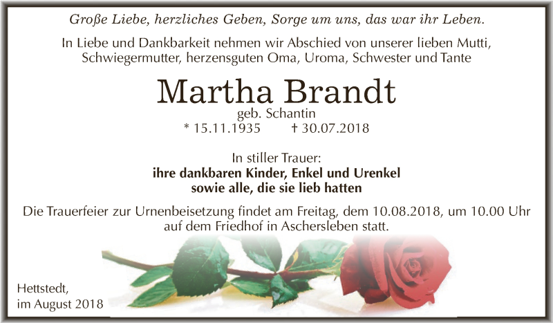  Traueranzeige für Martha Brandt vom 08.08.2018 aus Super Sonntag SGH Mansf. Land