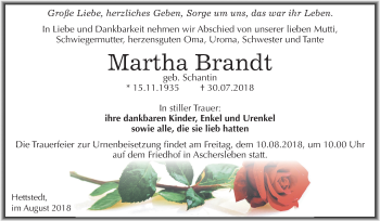 Traueranzeige von Martha Brandt von Mitteldeutsche Zeitung Aschersleben