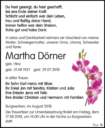 Traueranzeige von Martha Dörner von Mitteldeutsche Zeitung Weißenfels