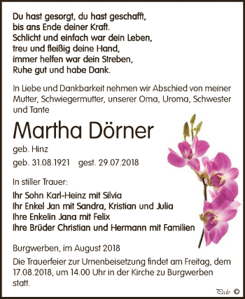 Traueranzeige von Martha Dörner von WVG - Wochenspiegel NMB / WSF / ZTZ