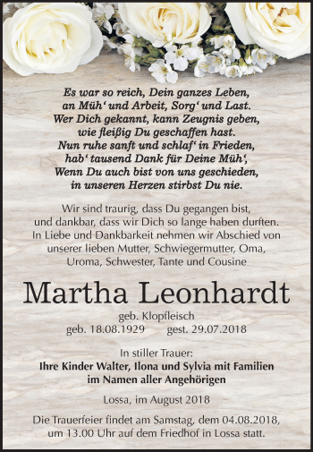 Traueranzeige von Martha Leonhardt von Mitteldeutsche Zeitung