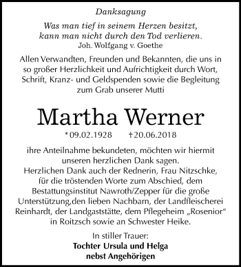 Traueranzeige von Martha Werner von Mitteldeutsche Zeitung Bitterfeld