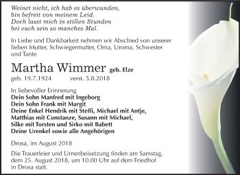 Traueranzeige von Martha Wimmer von Mitteldeutsche Zeitung Köthen