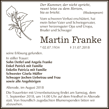 Traueranzeige von Martin Franke von Wochenspiegel Mansfelder Land