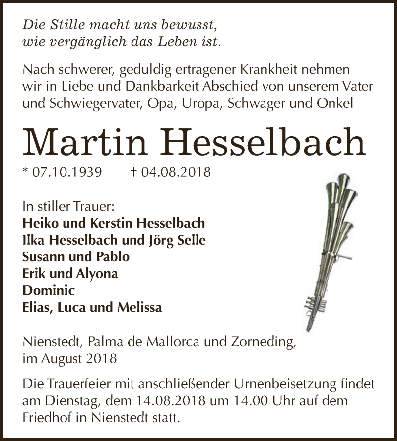  Traueranzeige für Martin Hesselbach vom 11.08.2018 aus Super Sonntag SGH Mansf. Land