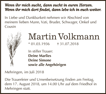 Traueranzeige von Martin Volkmann von Super Sonntag Aschersleben