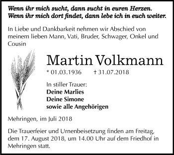 Traueranzeige von Martin Volkmann von Mitteldeutsche Zeitung Aschersleben
