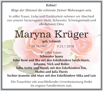 Traueranzeige von Maryna Krüger von Mitteldeutsche Zeitung Halle/Saalkreis