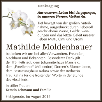 Traueranzeige von Mathilde Moldenhauer von Wochenspiegel Mansfelder Land
