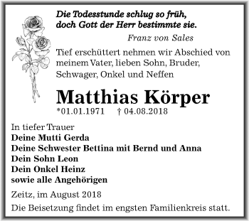Traueranzeige von Matthias Körper von Mitteldeutsche Zeitung Zeitz