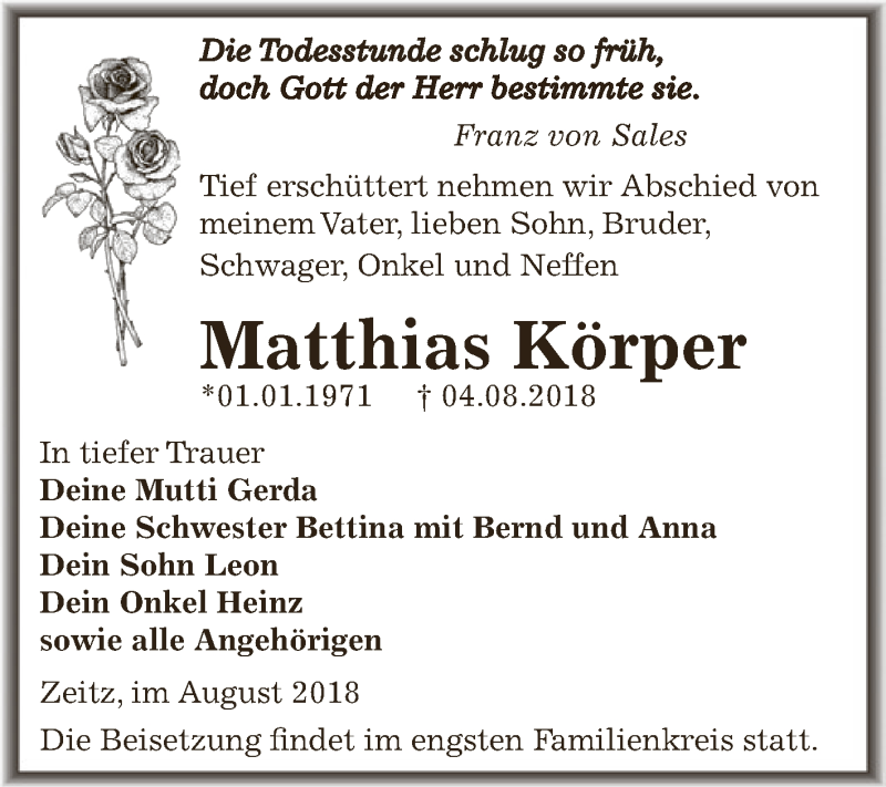  Traueranzeige für Matthias Körper vom 11.08.2018 aus Super Sonntag Zeitz