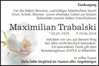 Traueranzeige von Maximilian Trabalski von WVG - Wochenspiegel Bitterfeld