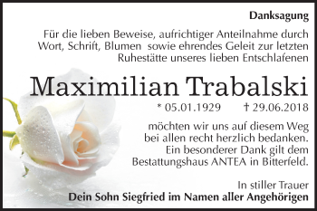 Traueranzeige von Maximilian Trabalski von Mitteldeutsche Zeitung Bitterfeld