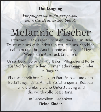 Traueranzeige von Melannie Fischer von WVG - Wochenspiegel Bitterfeld