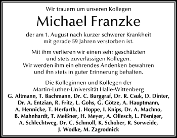 Traueranzeige von Michael Franzke von Mitteldeutsche Zeitung Halle/Saalkreis