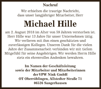 Traueranzeige von Michael Hille von Super Sonntag SGH Mansf. Land