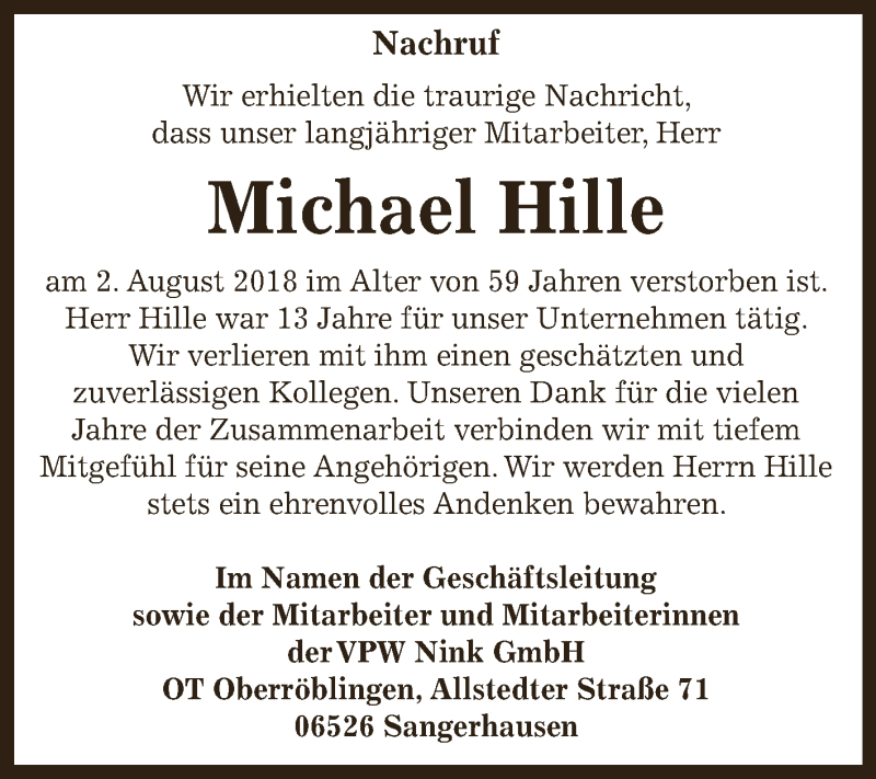  Traueranzeige für Michael Hille vom 11.08.2018 aus Super Sonntag SGH Mansf. Land