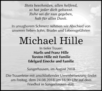 Traueranzeige von Michael Hille von Mitteldeutsche Zeitung Sangerhausen