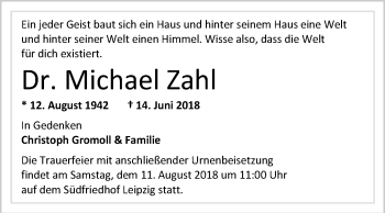 Traueranzeige von Michael Zahl von Mitteldeutsche Zeitung Halle/Saalkreis