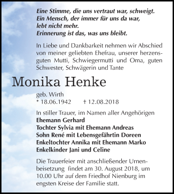 Traueranzeige von Monika Henke von Mitteldeutsche Zeitung Bernburg