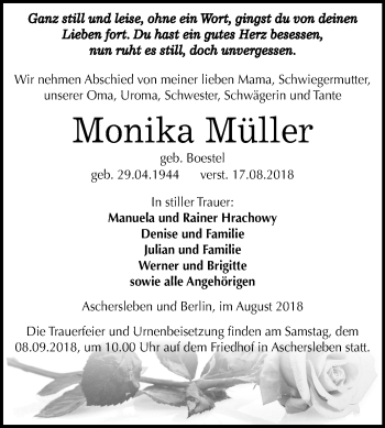Traueranzeige von Monika Müller von Mitteldeutsche Zeitung Aschersleben