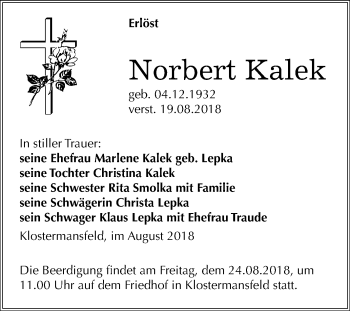 Traueranzeige von Norbert Kalek von Mitteldeutsche Zeitung