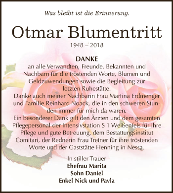 Traueranzeige von Otmar Blumentritt von WVG - Wochenspiegel NMB / WSF / ZTZ