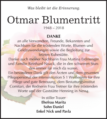 Traueranzeige von Otmar Blumentritt von Mitteldeutsche Zeitung Weißenfels