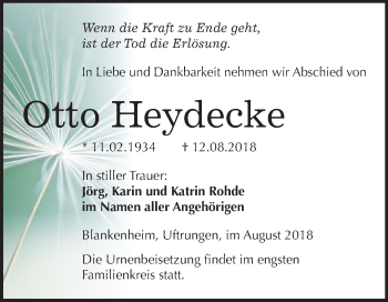 Traueranzeige von Otto Heydecke von Mitteldeutsche Zeitung Sangerhausen