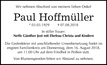 Traueranzeige von Paul Hoffmüller von Mitteldeutsche Zeitung Halle/Saalkreis