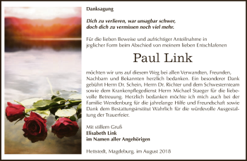Traueranzeige von Paul Link von Wochenspiegel Mansfelder Land