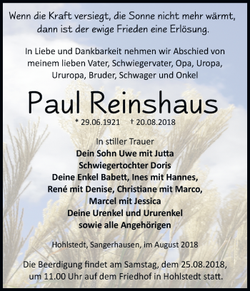 Traueranzeige von Paul Reinshaus von Mitteldeutsche Zeitung Sangerhausen