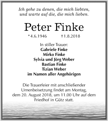 Traueranzeige von Peter Finke von Mitteldeutsche Zeitung Halle/Saalkreis