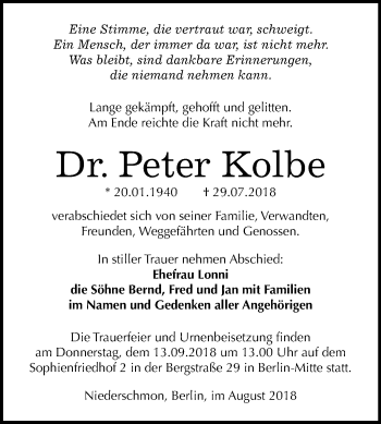 Traueranzeige von Peter Kolbe von Mitteldeutsche Zeitung