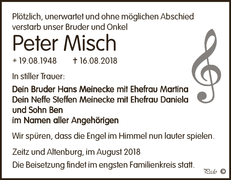  Traueranzeige für Peter Misch vom 25.08.2018 aus Super Sonntag Zeitz